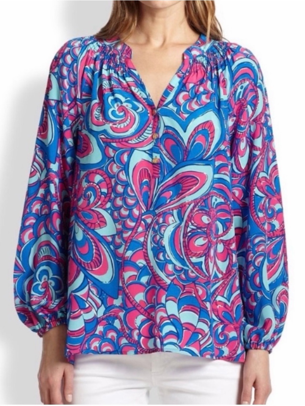 Lilly Pulitzer Elsa Top XL Brewster Blue Reel Me In 100% Silk Popover Blouse NWT